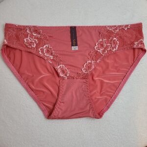 Sofra Silky Satin & Floral Lace Classic Bikini Panty Plus Size 3X Coral Pink
